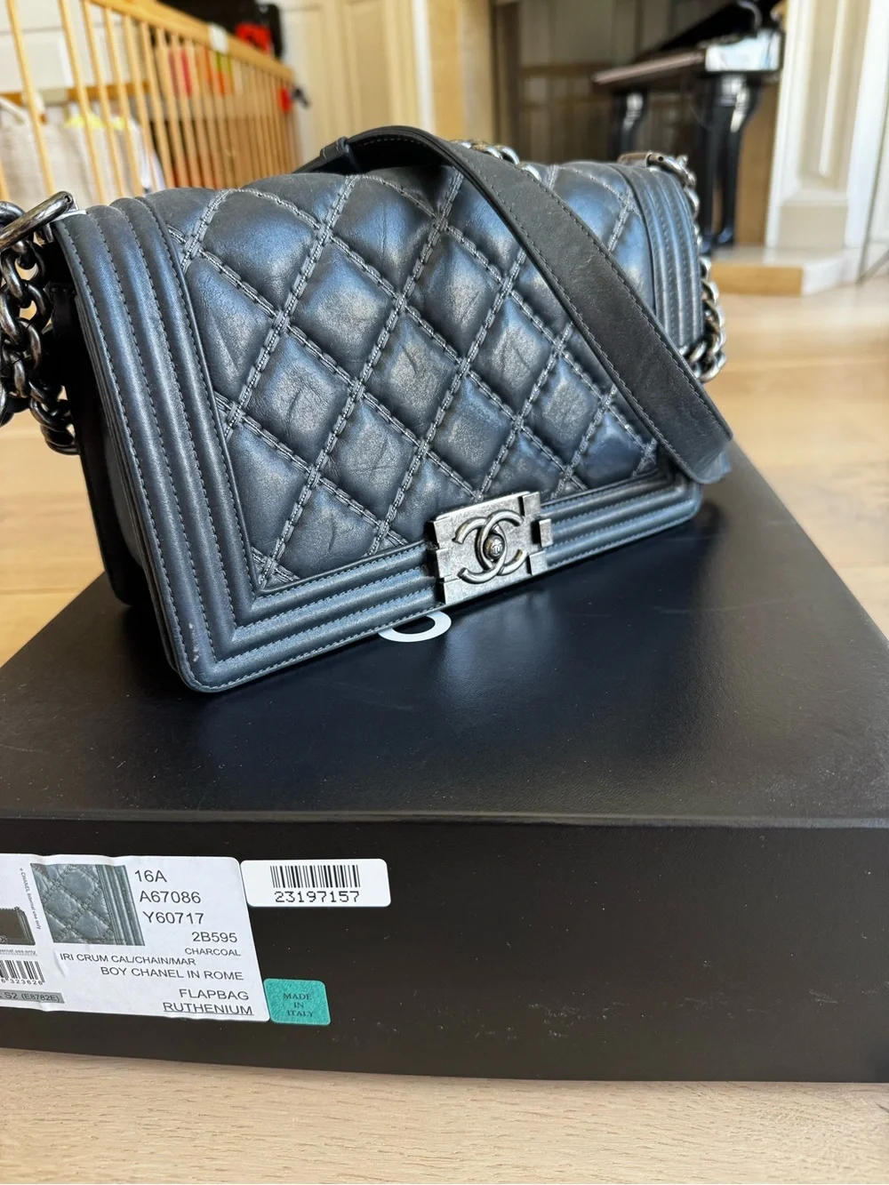 Chanel Boy Bag Medium Flap - 16A Charcoal Calfskin with Ruthenium Hardware